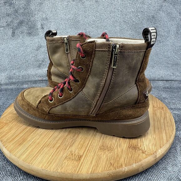 UGG Boots Youth Size 4 Brown Leather Suede Lace Up Side Zip Shearling Lined - Picture 7 of 11
